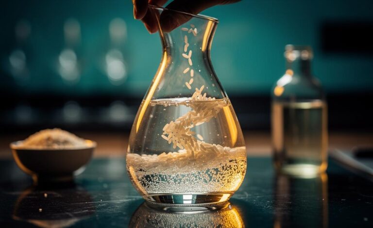 Illustration of uncooked rice being swirled in a glass decanter to remove residues and restore sparkle.