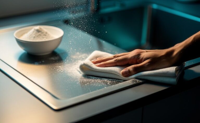 Illustration of flour being used with a microfibre cloth to buff a dry stainless-steel surface for a clean, satiny finish
