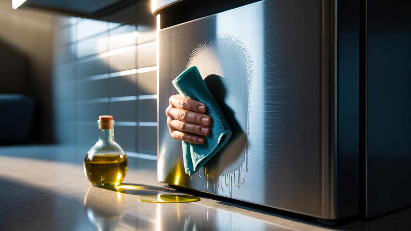 Illustration of a hand buffing olive oil with a microfiber cloth to remove fingerprints and restore shine on a stainless steel appliance