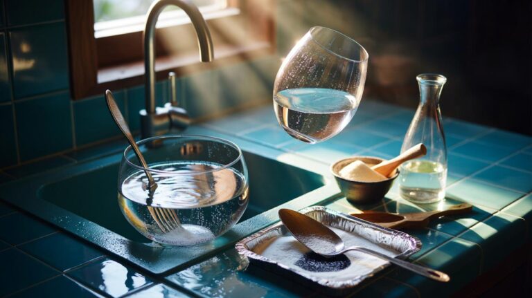 Illustration of a baking soda soak restoring shine to glassware and stainless-steel cutlery without scrubbing