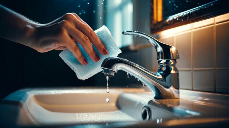 Illustration of a hand using a dryer sheet to polish a chrome bathroom tap, demonstrating anti-static de-tarnishing and instant shine