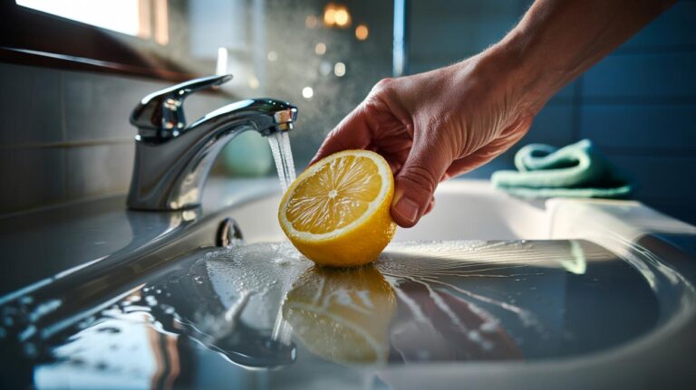 Illustration of a halved lemon dissolving soap scum on a chrome tap and glass shower screen