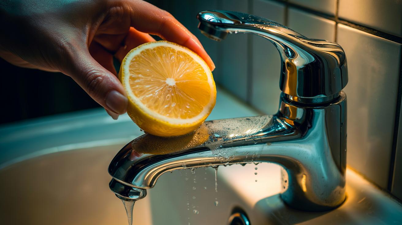 Illustration of a cut lemon being used to dissolve limescale and soap scum on a chrome tap