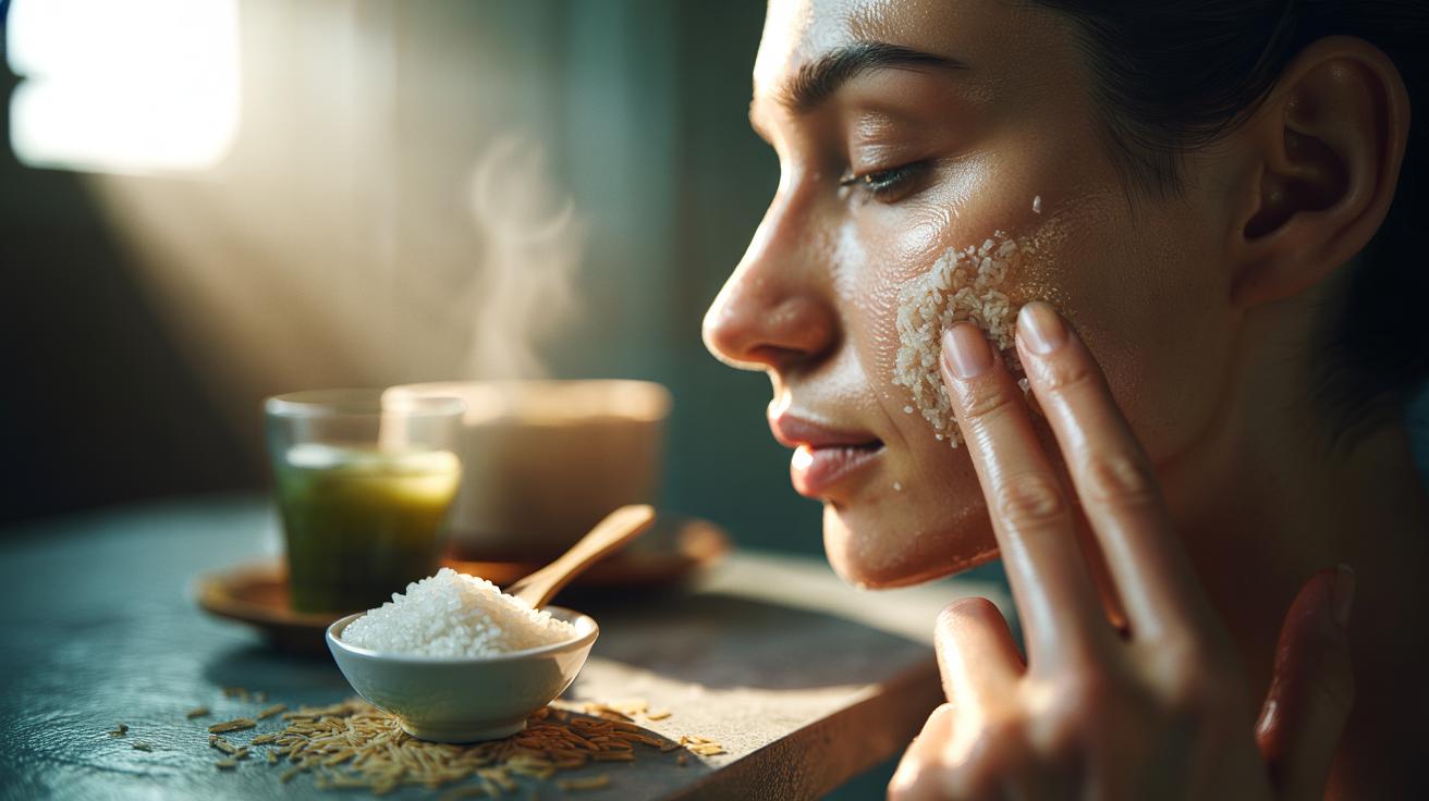 Illustration of a person gently exfoliating facial skin with a quick rice rub made from ground rice granules