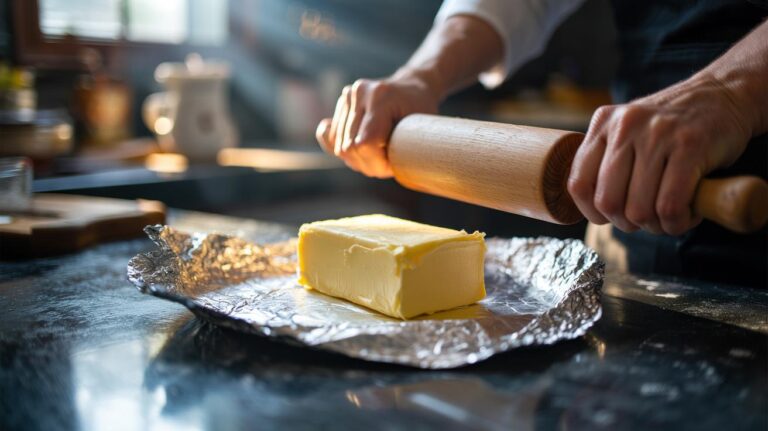 Illustration of cold butter wrapped in aluminium foil being flattened with a rolling pin to achieve perfect consistency in under 30 seconds