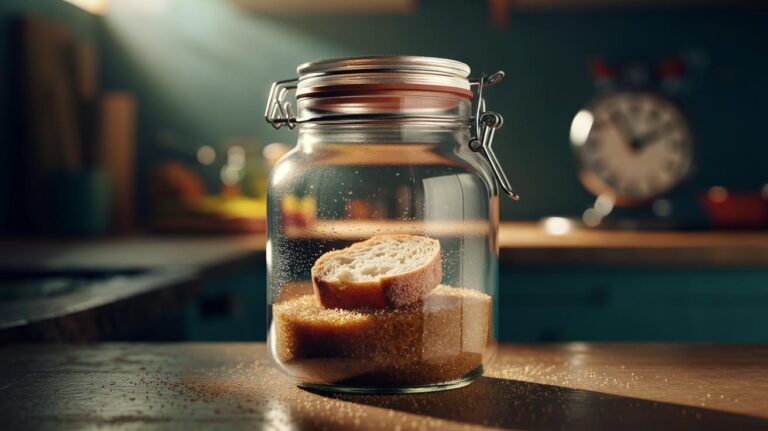 Illustration of a bread slice in an airtight container with lumpy sugar, showing moisture migration softening the clumps within hours