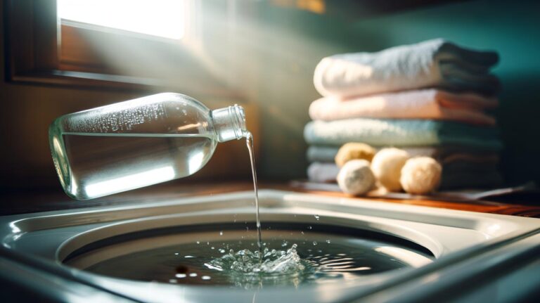 Illustration of white distilled vinegar being poured into a washing machine's softener drawer to soften towels and restore fluffiness