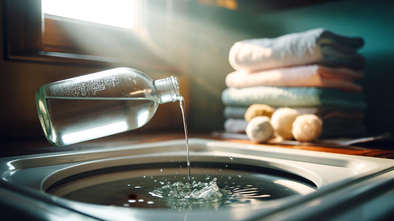 Illustration of white distilled vinegar being poured into a washing machine's softener drawer to soften towels and restore fluffiness