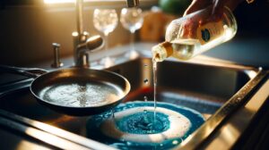 Illustration of washing dishes using a mixture of white vinegar and dish soap for faster, spot-free results