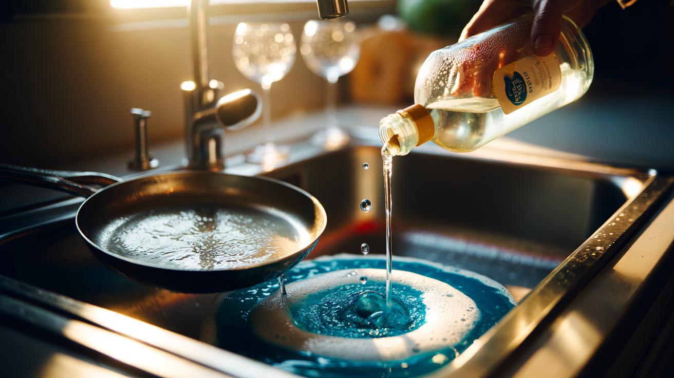 Illustration of washing dishes using a mixture of white vinegar and dish soap for faster, spot-free results