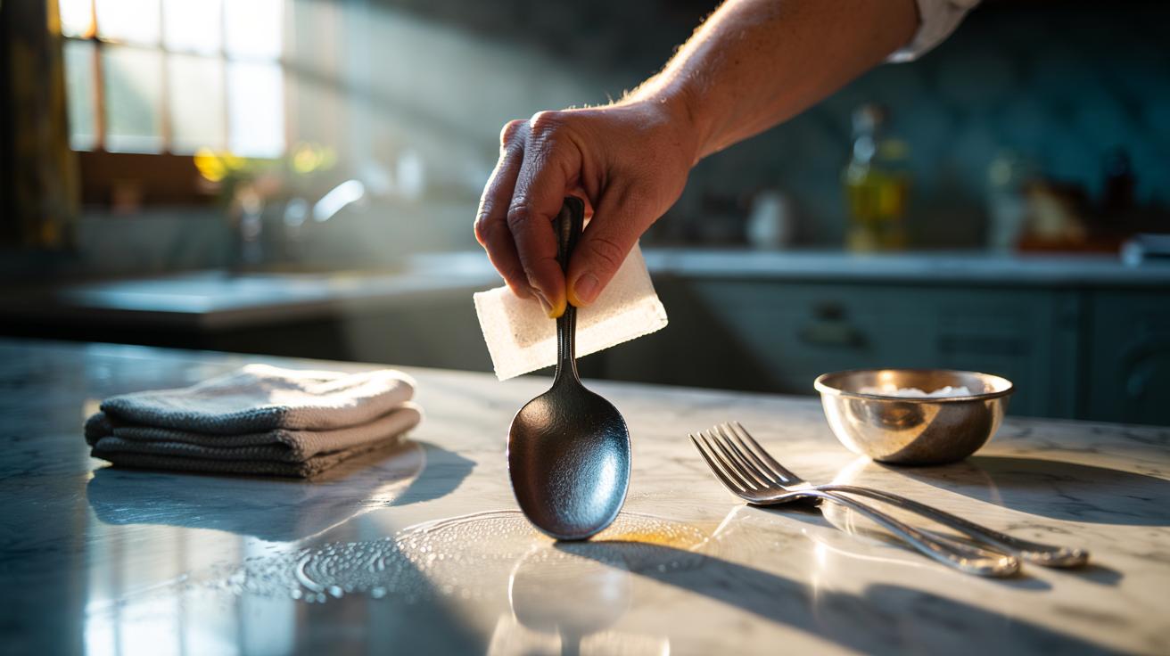 Illustration of a dryer sheet being used to remove tarnish from silver cutlery