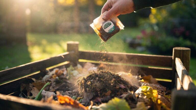 Illustration of tea bags being added to a compost heap to accelerate decomposition