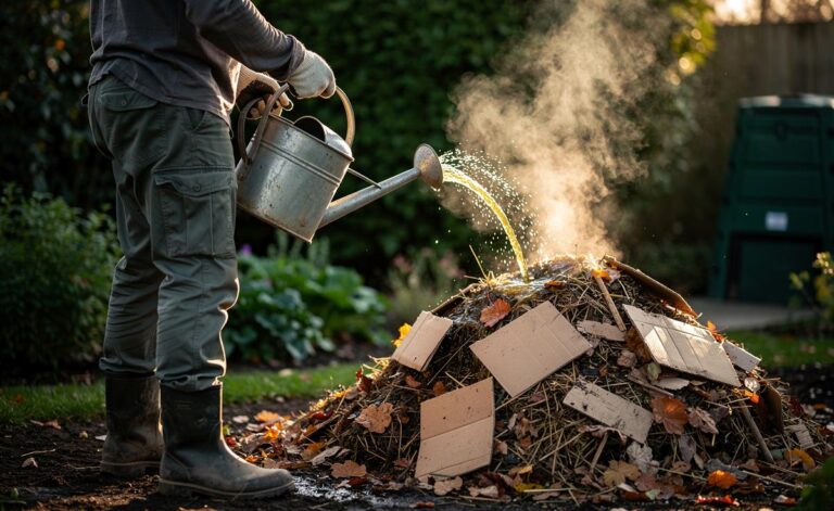 Illustration of a gardener applying diluted human urine to a compost pile to speed up decomposition by adding nitrogen