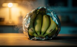 Illustration of bananas wrapped loosely in aluminium foil to trap ethylene gas and speed ripening overnight