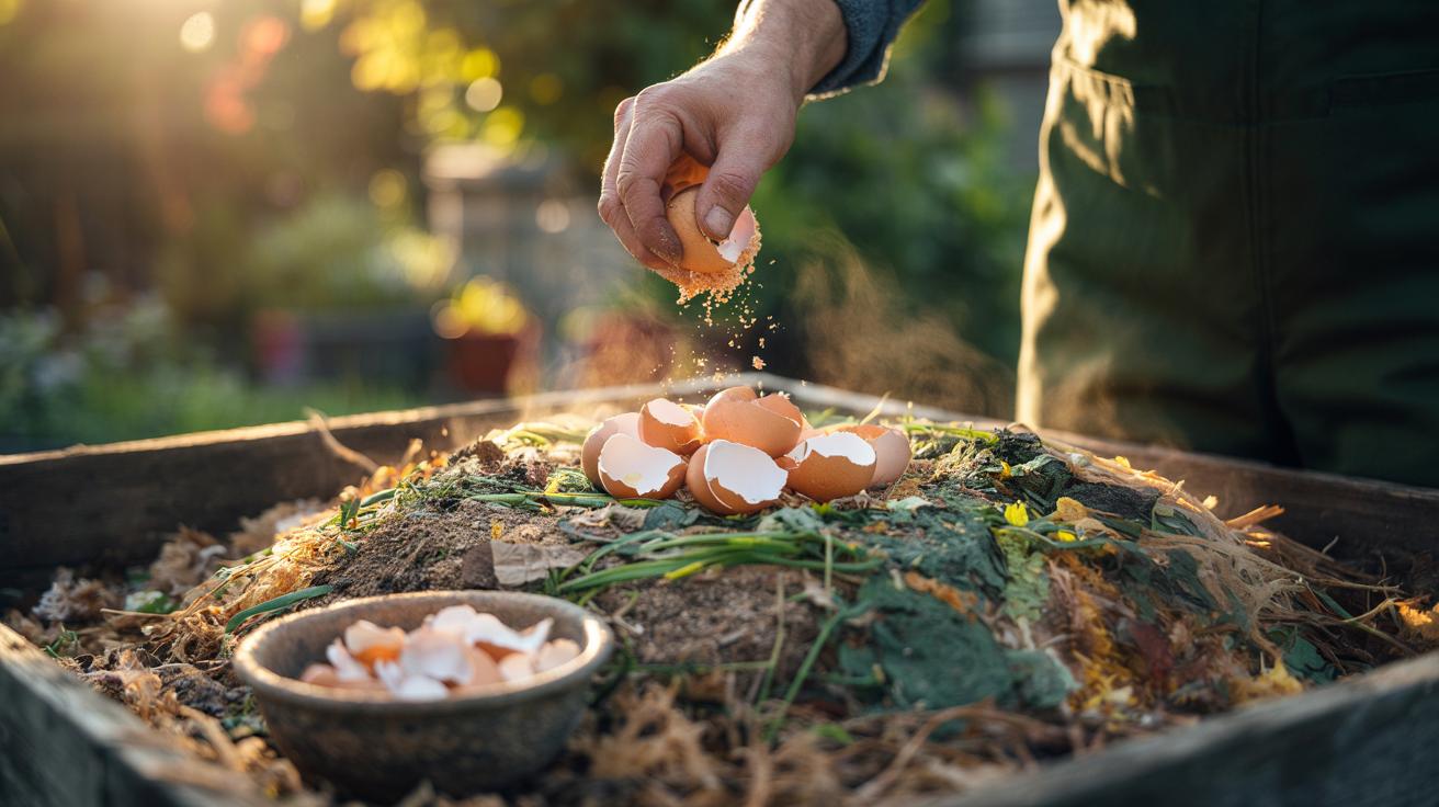 Illustration of crushed eggshells being added to a compost pile with greens and browns to speed nutrient breakdown