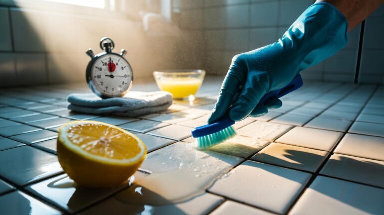 Illustration of a hand scrubbing bathroom grout lines with fresh lemon juice and a soft brush for a two-minute clean, leaving ceramic tiles sparkling without harsh chemicals