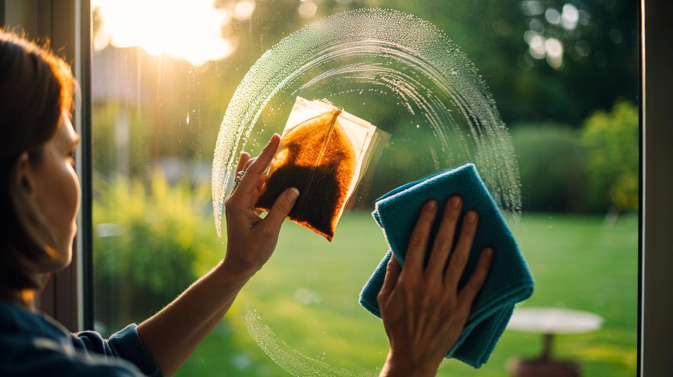 Illustration of a hand cleaning a window with a tea bag and buffing with a microfibre cloth for a streak-free finish