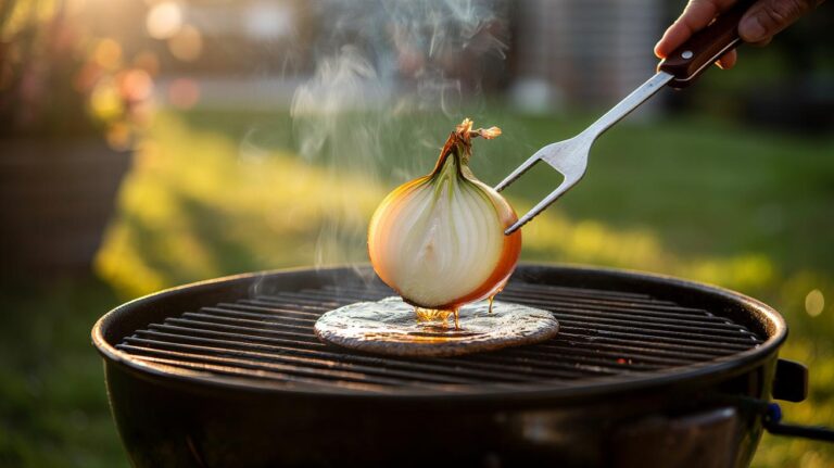 Illustration of a halved onion used to scrub a warm barbecue grill grate for instant spring cleaning