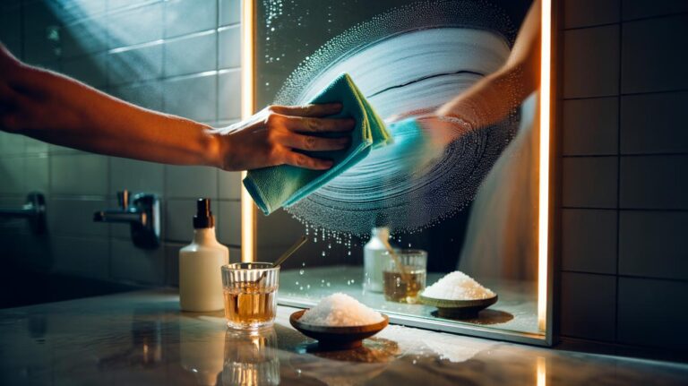 Illustration of using a salt-water solution and a microfiber cloth to clean a bathroom mirror for a clear, streak-free reflection