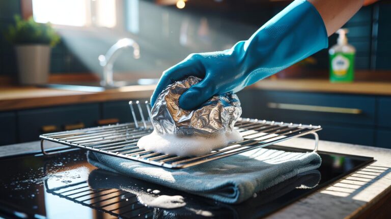 Illustration of an oven screen being scrubbed with a crumpled aluminium foil ball and washing-up liquid