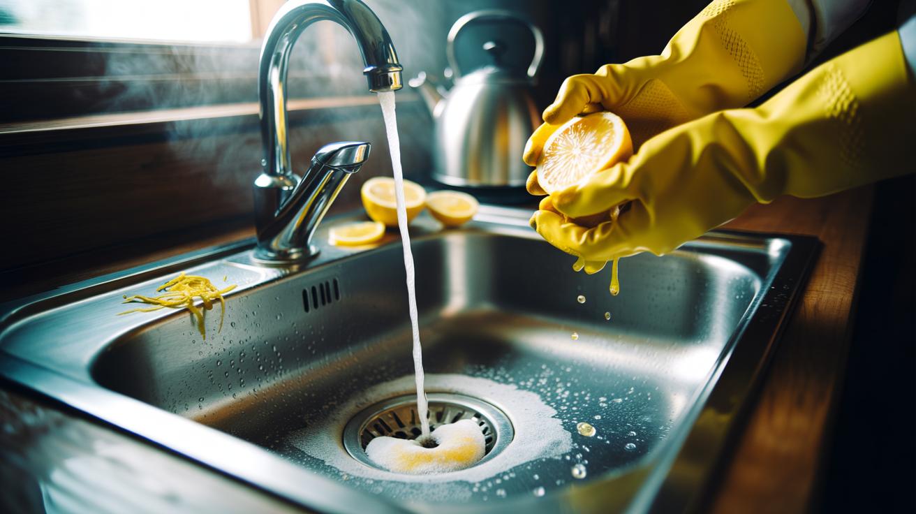 Illustration of squeezing fresh lemon juice into a kitchen sink drain to dissolve clogs with citric acid