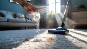 Illustration of baking soda being sprinkled onto a carpet, then vacuumed after 10 minutes to lift dirt and neutralise odours