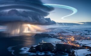 Illustration of a December jet stream shift over the UK, showing blocking highs, temperature swings, and El Niño influence