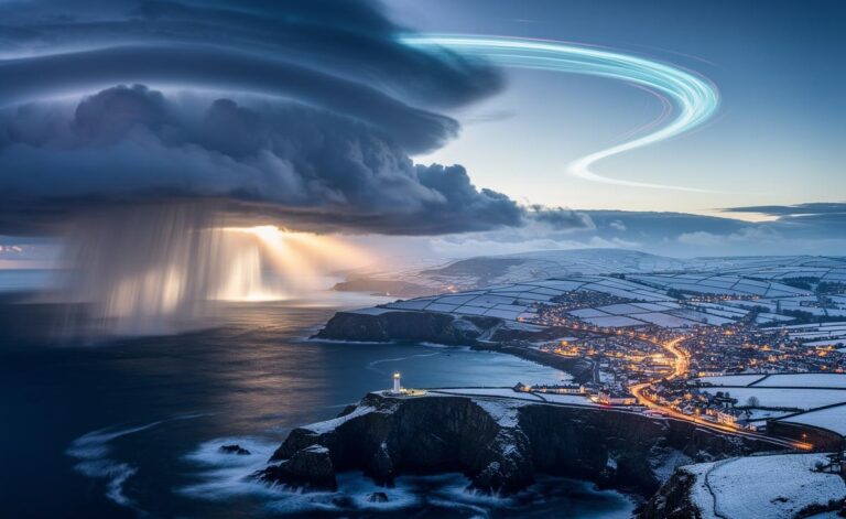 Illustration of a December jet stream shift over the UK, showing blocking highs, temperature swings, and El Niño influence