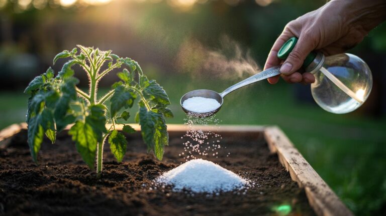 Illustration of applying Epsom salt (magnesium sulfate) to garden plants to enrich magnesium and promote healthier, greener foliage