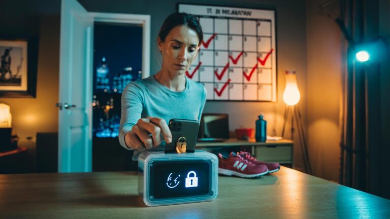 Illustration of a person making a public pledge to stop a negative habit, with a visible calendar streak and a locked smartphone app