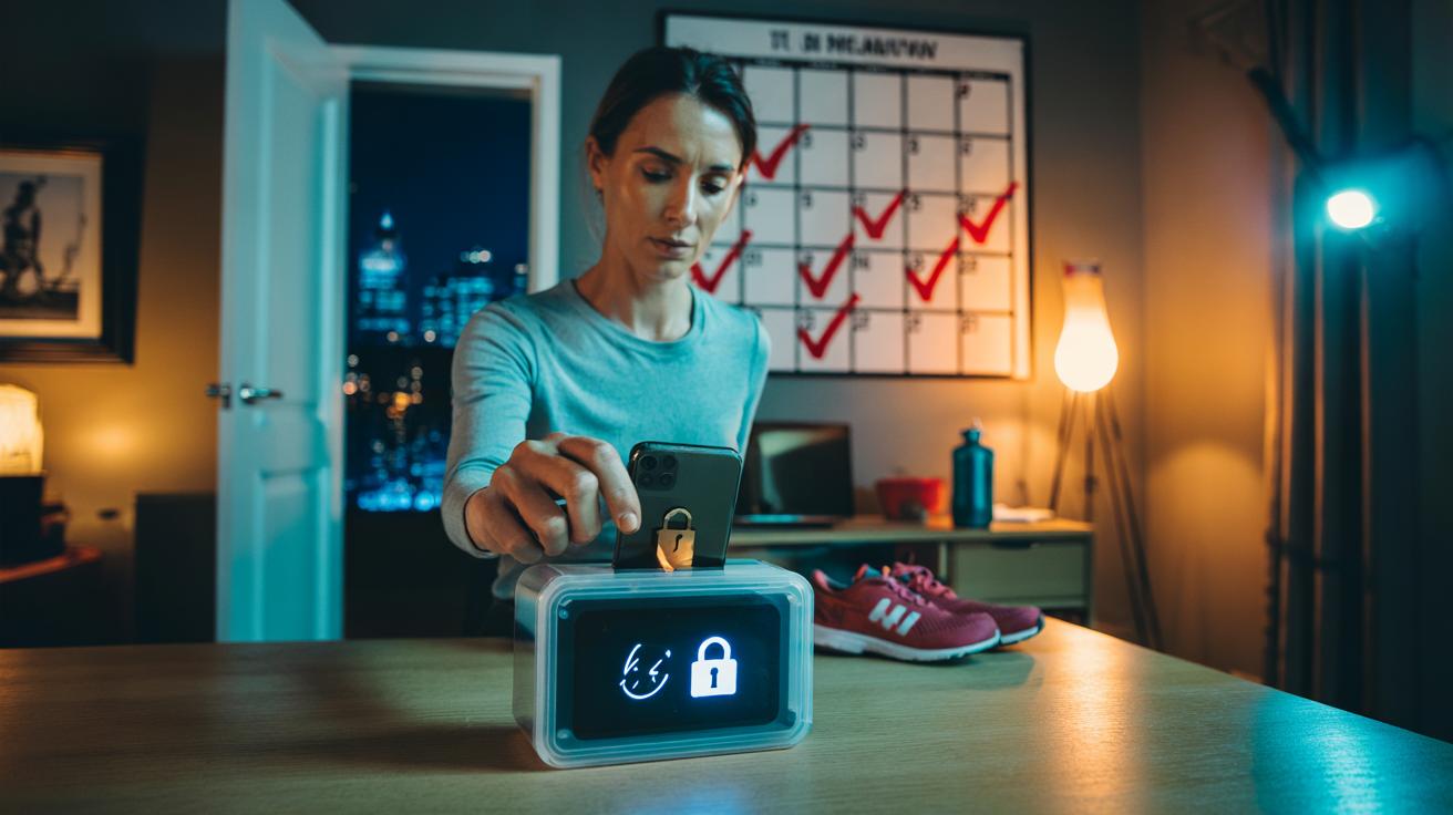 Illustration of a person making a public pledge to stop a negative habit, with a visible calendar streak and a locked smartphone app