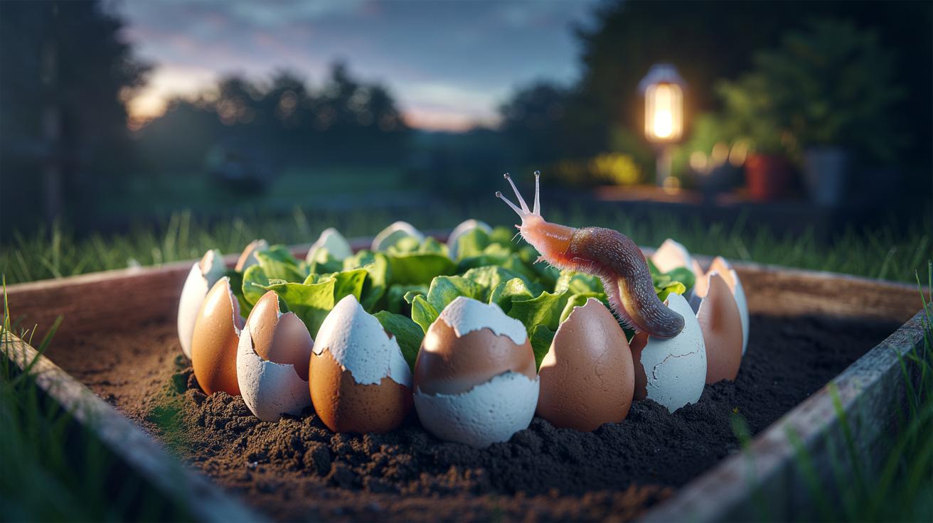 Illustration of crushed eggshells forming a barrier around seedlings to deter slugs overnight