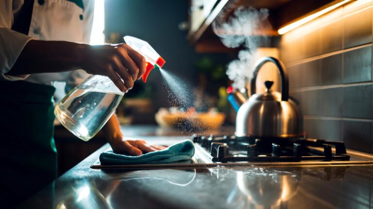 Illustration of a chef cleaning a stovetop in five minutes using a white vinegar spray and a microfibre cloth