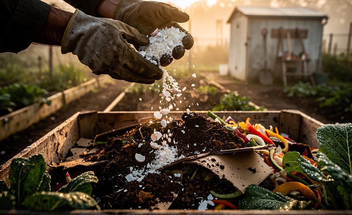 Illustration of crushed eggshells being added to a compost heap to boost aeration, stabilise pH, and add calcium