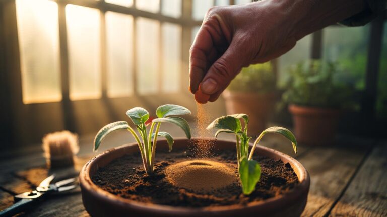 Illustration of [cinnamon powder being dusted onto seedling compost at the stem base to deter fungal disease and support stronger stems]