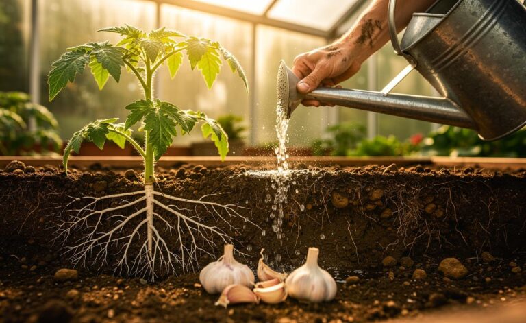 Illustration of diluted garlic water being applied as a soil drench around plant roots to strengthen and protect them from pathogens