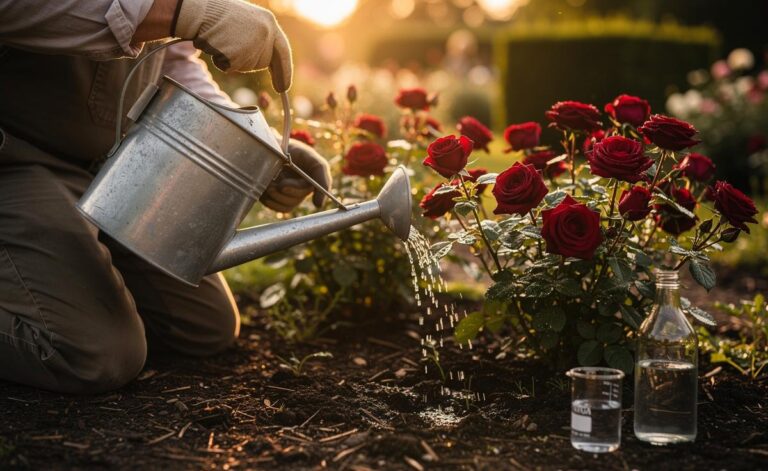 Illustration of a gardener applying a diluted vinegar solution to the soil at the drip line of rose bushes to gently lower pH and boost blooming