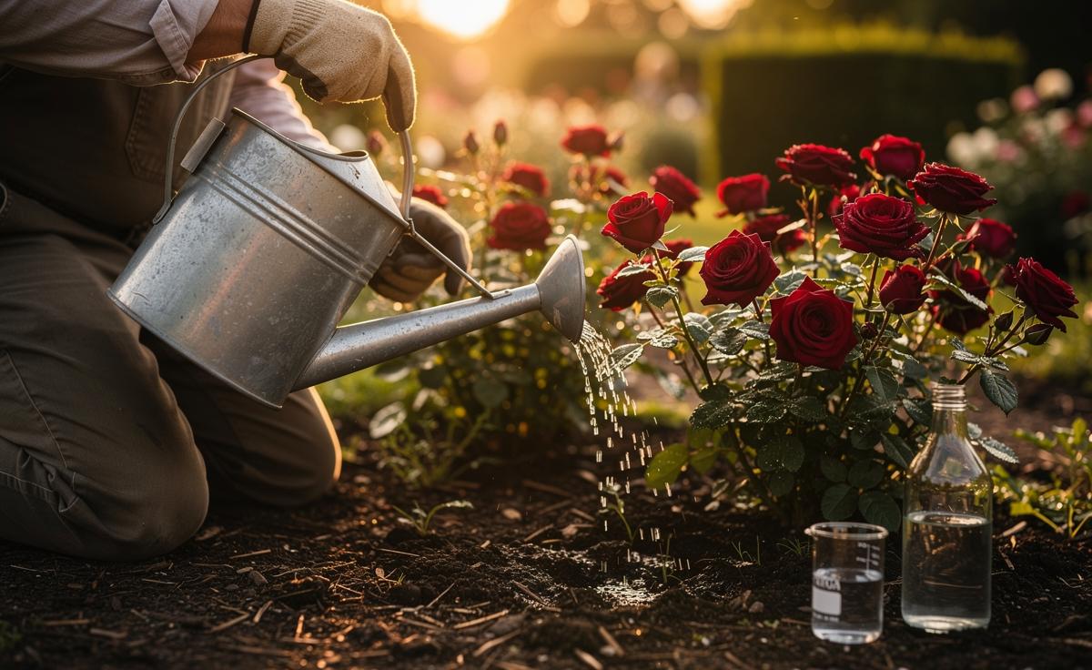 Illustration of a gardener applying a diluted vinegar solution to the soil at the drip line of rose bushes to gently lower pH and boost blooming