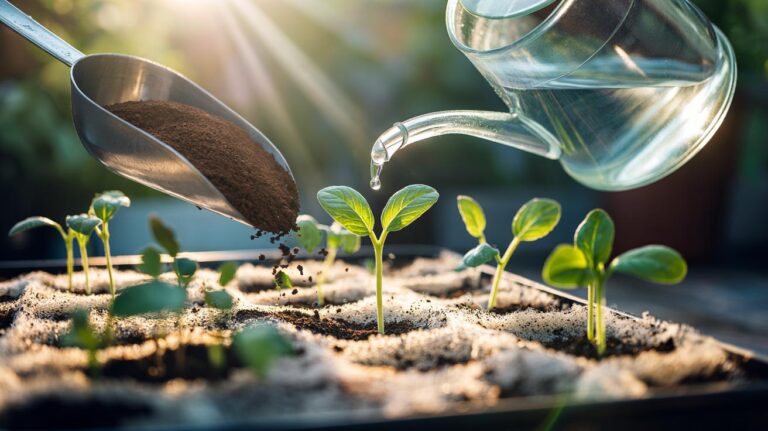 Illustration of seedlings growing in potting mix amended with coffee grounds and supplemented with nitrogen fertiliser to boost vitality