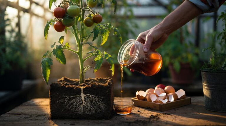 Illustration of eggshell tea being poured at the base of tomato plants to enrich root development