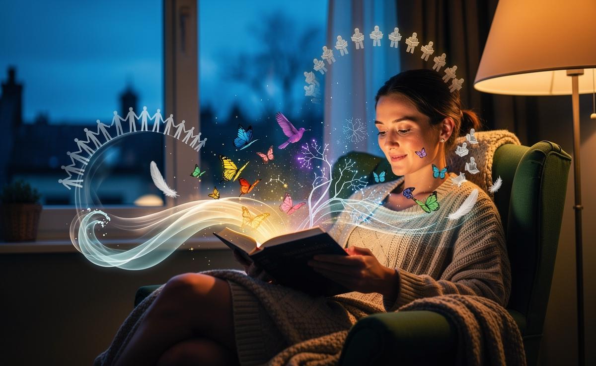 Illustration of the surprising wellness benefits of reading fiction—empathy, stress reduction, cognitive fitness, creativity, and community