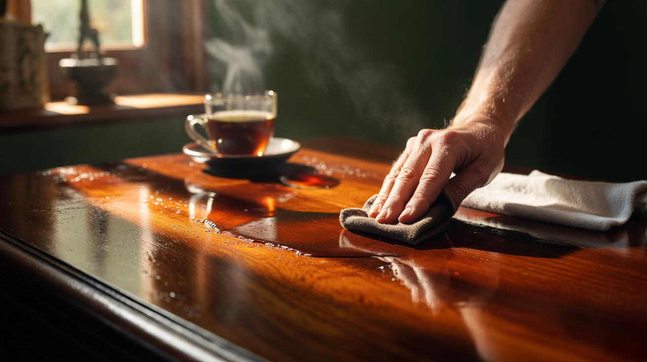 Illustration of a hand polishing a wooden table with a damp tea bag and a soft cloth to restore natural shine