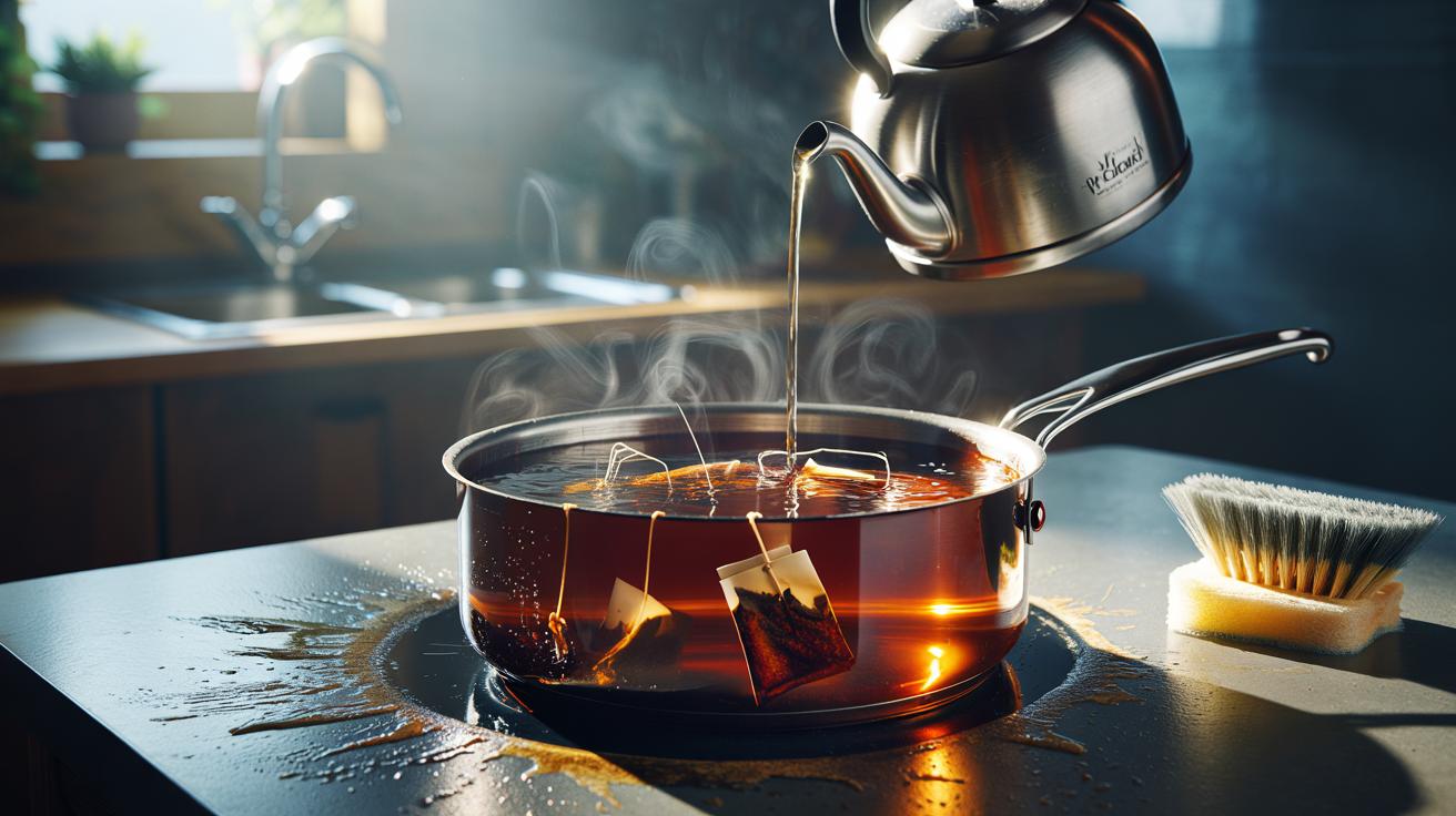 Illustration of tea bags soaking in an oven dish to loosen baked-on food using tannins