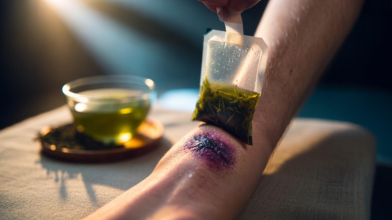 Illustration of a chilled green tea bag compress applied to a fresh bruise on the forearm to aid skin recovery