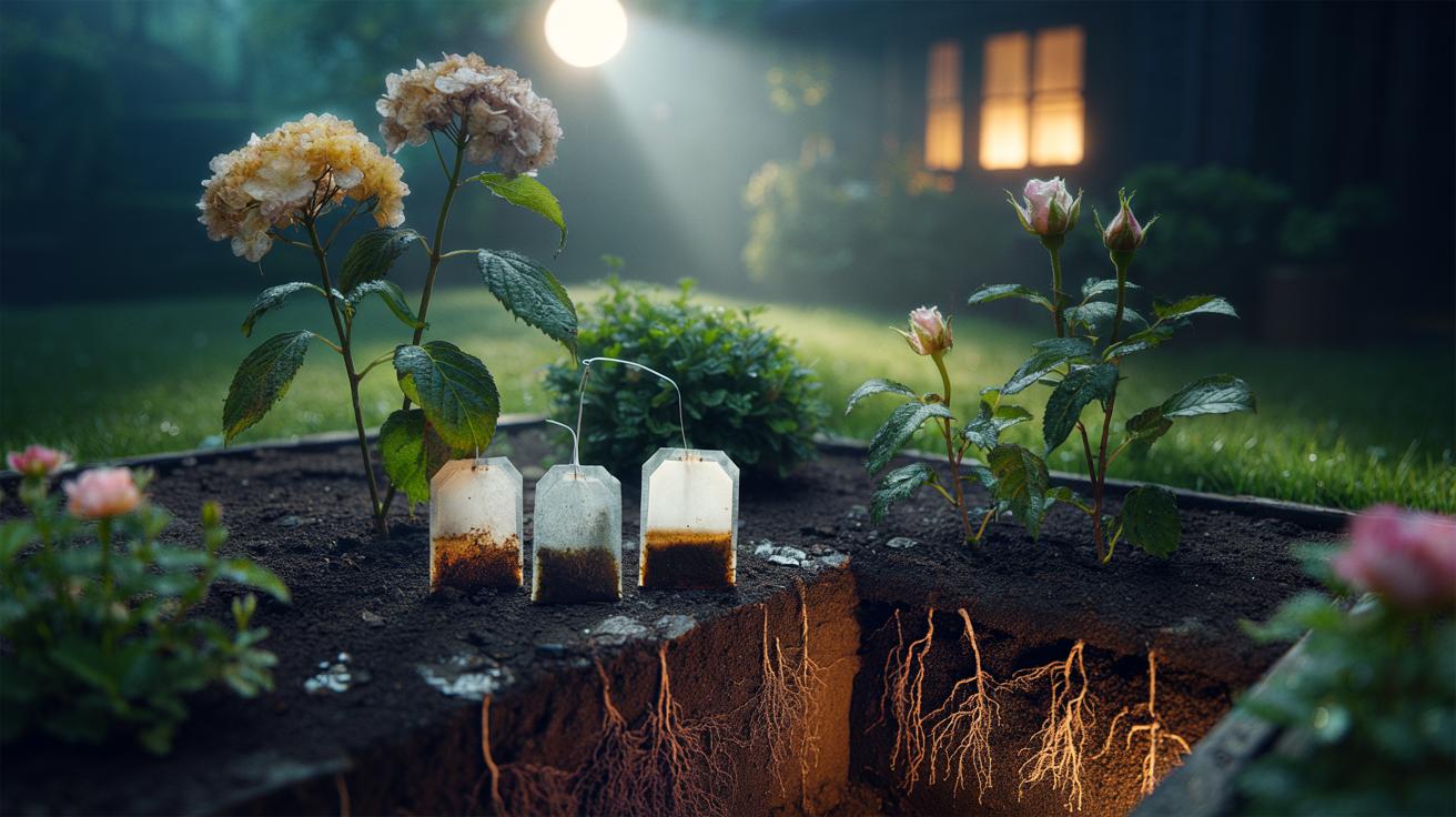 Illustration of used tea bags tucked under mulch around wilted garden plants, releasing tannins into the soil overnight
