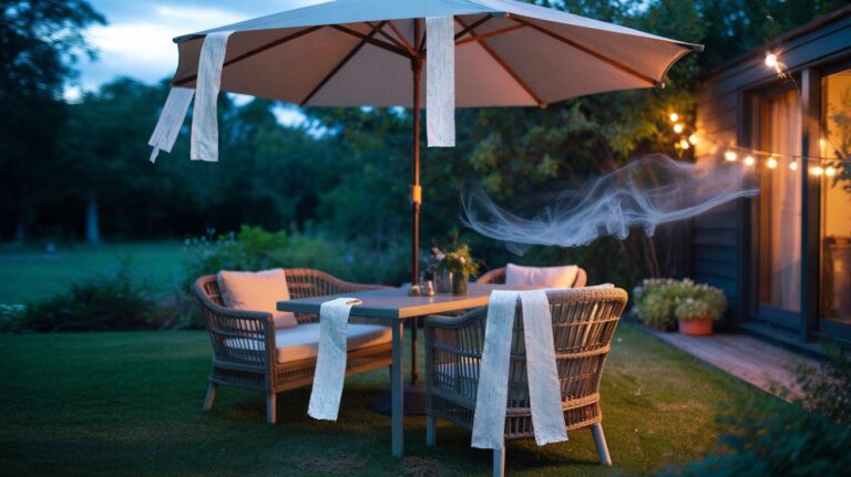 Illustration of torn dryer sheet strips placed on and under outdoor patio furniture to repel insects