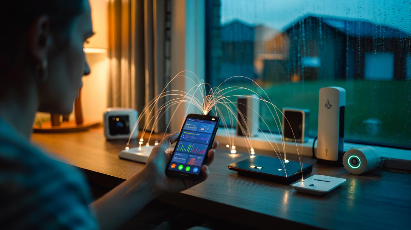 Illustration of tech experts forecasting a smart home app’s dominance in households by 2025