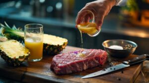Illustration of fresh pineapple juice being applied to raw steak to tenderize meat, highlighting bromelain enzyme action within minutes