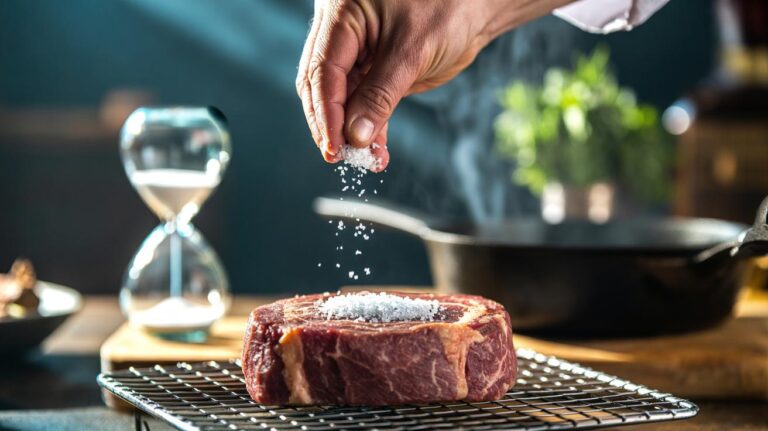Illustration of tenderising meat with salt to cut marinating time by half
