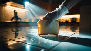 Illustration of a bread slice being used to pick up tiny glass shards safely from a kitchen tile floor